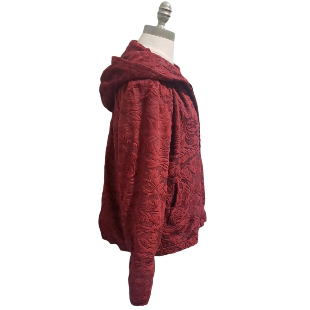 CT1932 Ethyl Red Faux Fur Floral Zip Front Hoodie M - Picture 4 of 9